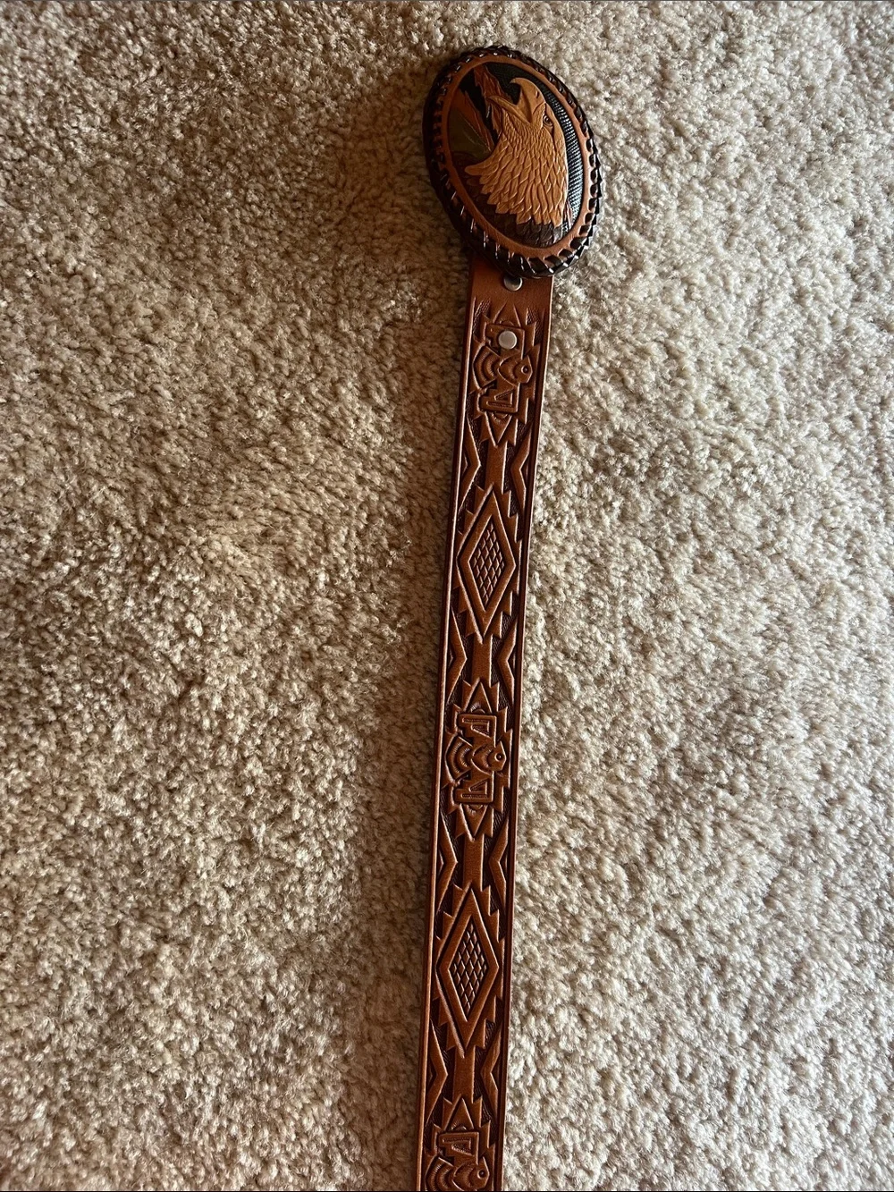 Hand finished Brown belt,genuine leather, Aztec design, eagle buckle